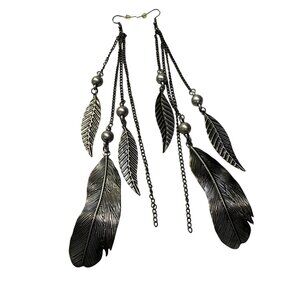 Boho Feather Dangle Earrings Chain Beads Antique Silver-Tone Lightweight Hook